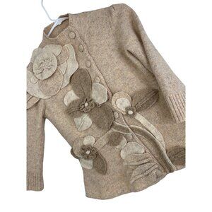 Anthropologie Sleeping On Snow Beige Wool Cardigan Floral Appliqué XS RCC10703
